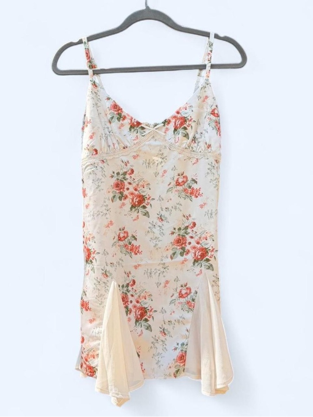 Floral Lace-Trim Slip Dress - Cream with Coral Rose Print